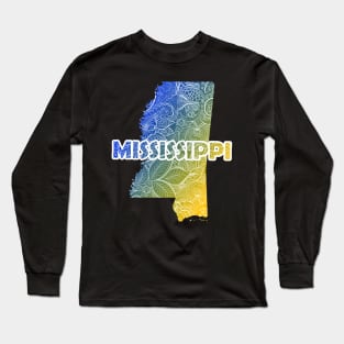 Colorful mandala art map of Mississippi with text in blue and yellow Long Sleeve T-Shirt